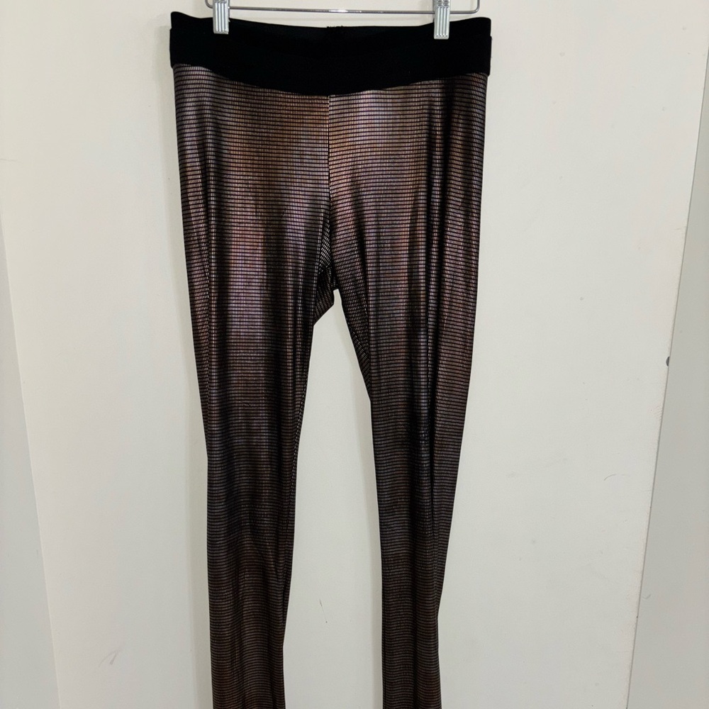 BCBGMaxAzria Metallic Bronze Striped Leggings with Black Waistband